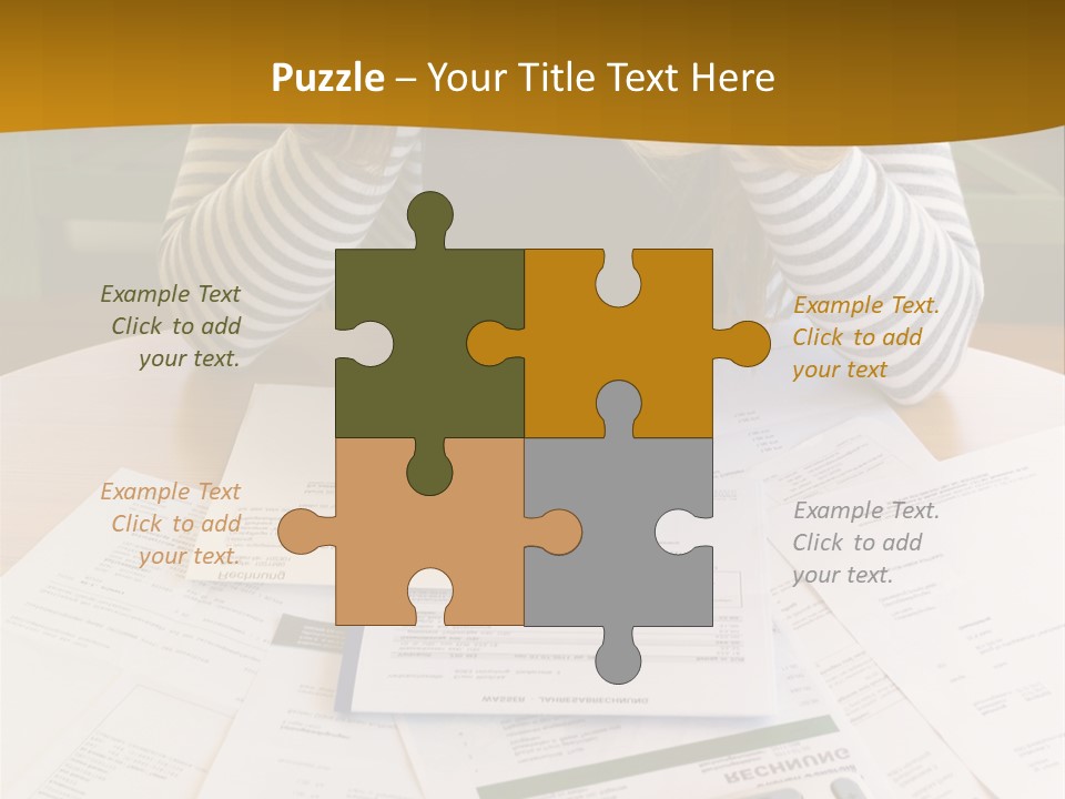 A Woman Sitting At A Table With A Calculator And Papers PowerPoint Template