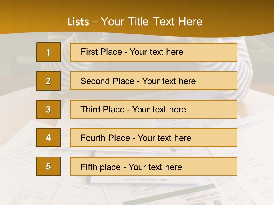 A Woman Sitting At A Table With A Calculator And Papers PowerPoint Template