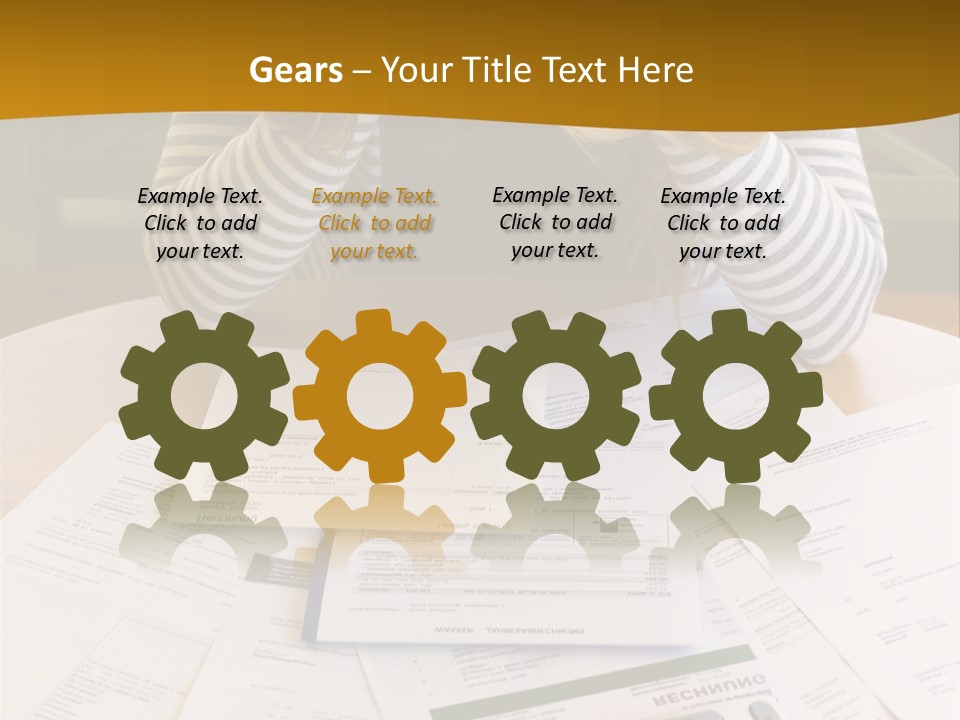 A Woman Sitting At A Table With A Calculator And Papers PowerPoint Template