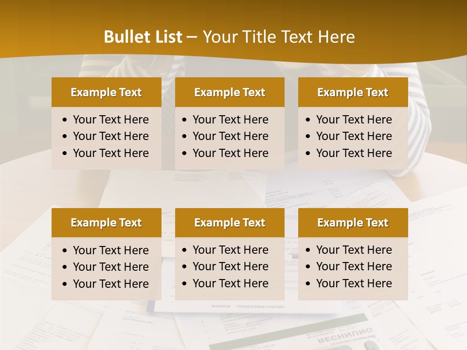 A Woman Sitting At A Table With A Calculator And Papers PowerPoint Template