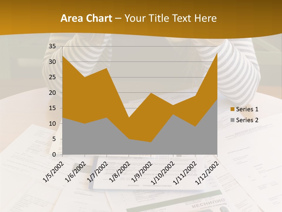 A Woman Sitting At A Table With A Calculator And Papers PowerPoint Template