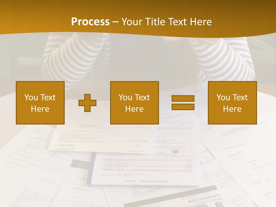 A Woman Sitting At A Table With A Calculator And Papers PowerPoint Template