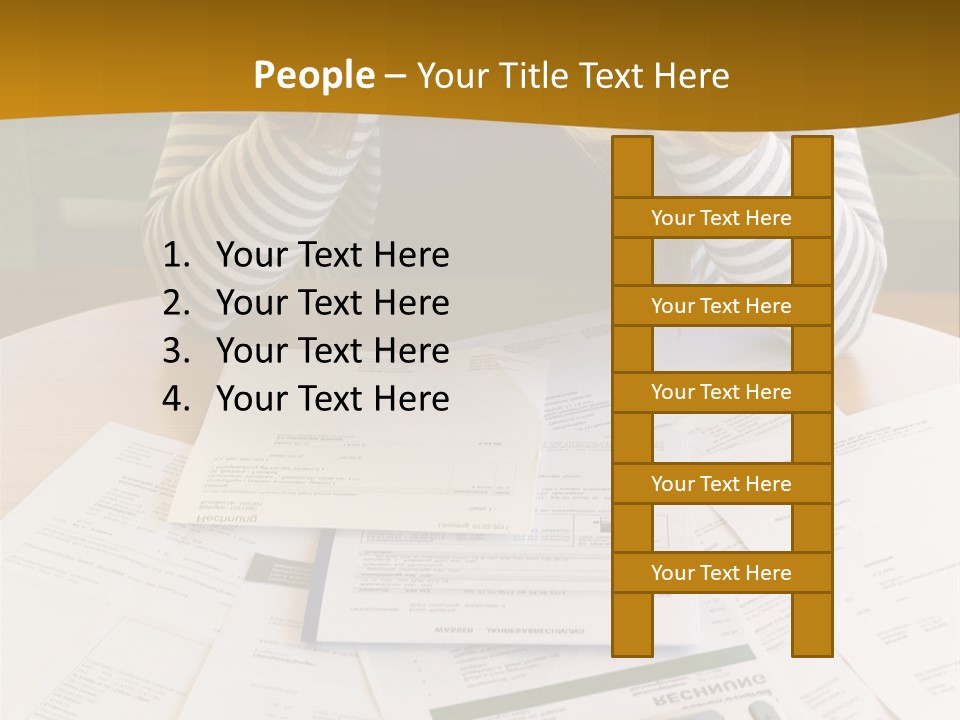 A Woman Sitting At A Table With A Calculator And Papers PowerPoint Template