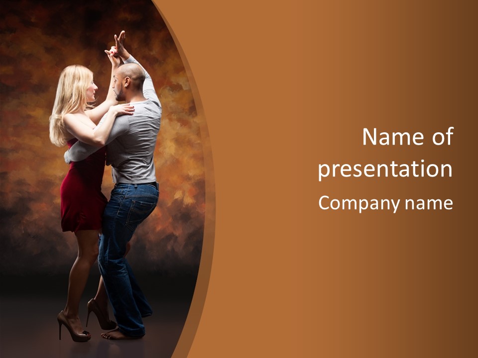 A Man And A Woman Dancing Together In Front Of A Brown Background PowerPoint Template