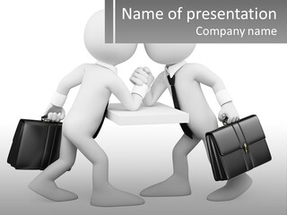 Two People Shaking Hands At A Table With Briefcases PowerPoint Template