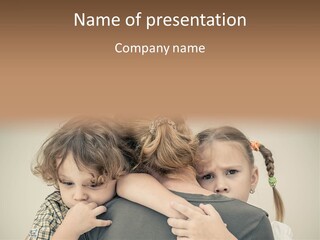 Two Little Girls Hugging Each Other In Front Of A Brown Background PowerPoint Template