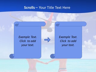 Two People Standing In The Water With A Plane In The Background PowerPoint Template