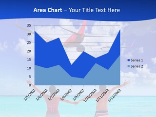 Two People Standing In The Water With A Plane In The Background PowerPoint Template