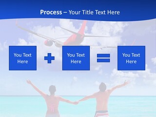 Two People Standing In The Water With A Plane In The Background PowerPoint Template