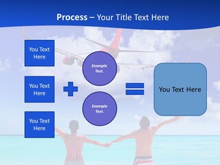 Two People Standing In The Water With A Plane In The Background PowerPoint Template