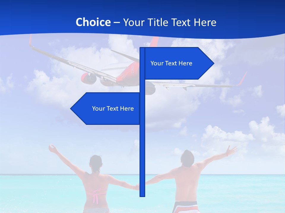 Two People Standing In The Water With A Plane In The Background PowerPoint Template