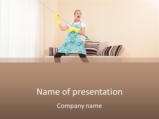 A Woman Cleaning A Living Room With A Mop PowerPoint Template