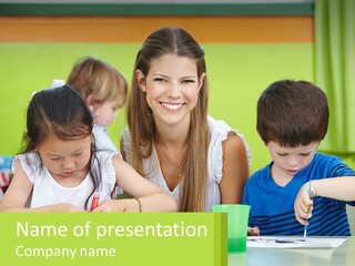 A Woman Sitting At A Table With Two Children PowerPoint Template