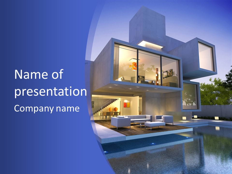 A Modern House With A Pool In Front Of It PowerPoint Template