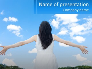 A Woman With Her Arms Outstretched In Front Of A Blue Sky PowerPoint Template