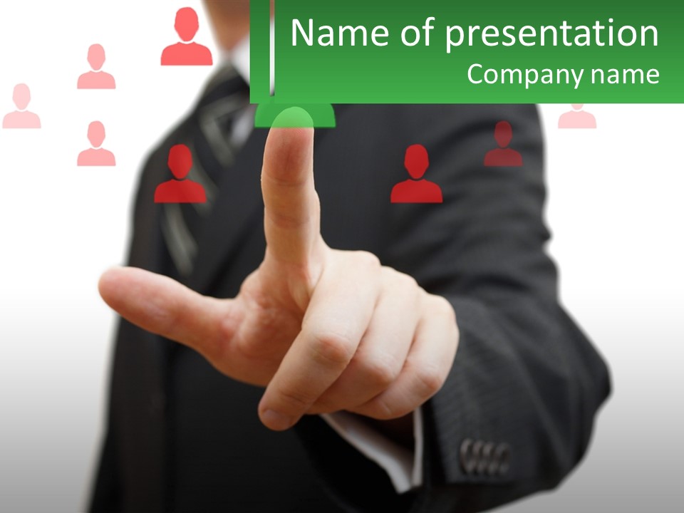 A Man In A Suit Pointing To A Green Button PowerPoint Template