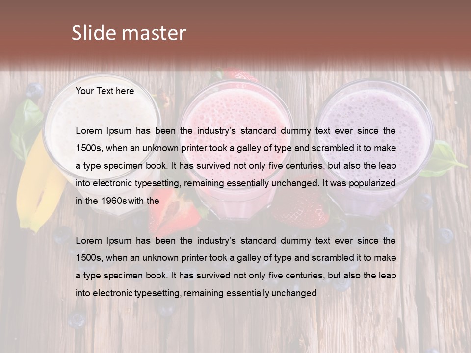 Three Glasses Of Smoothie With Strawberries And Blueberries On A Wooden Table PowerPoint Template