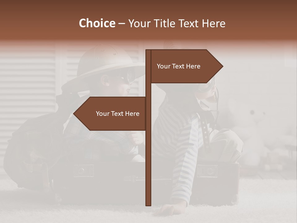 Two Children In Hats Sitting On A Suitcase PowerPoint Template