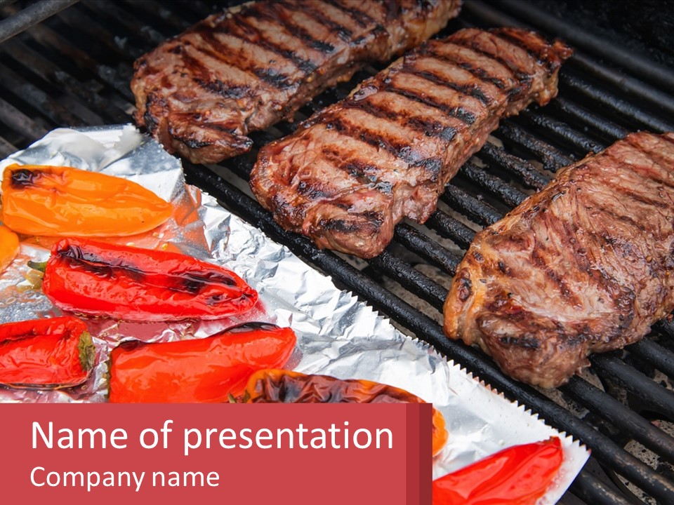 Two Steaks And Peppers Are On A Grill PowerPoint Template