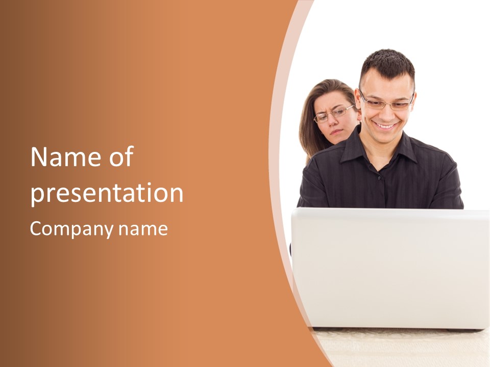 A Man And Woman Looking At A Laptop Computer PowerPoint Template
