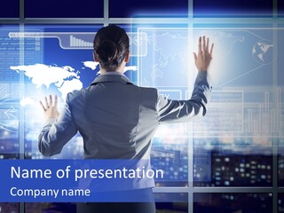 A Woman In A Business Suit Is Touching A Screen With Her Hands PowerPoint Template