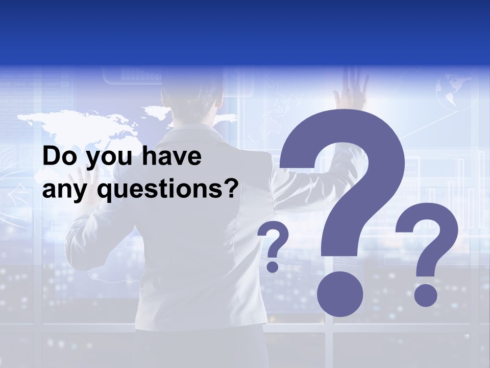 A Woman In A Business Suit Is Touching A Screen With Her Hands PowerPoint Template