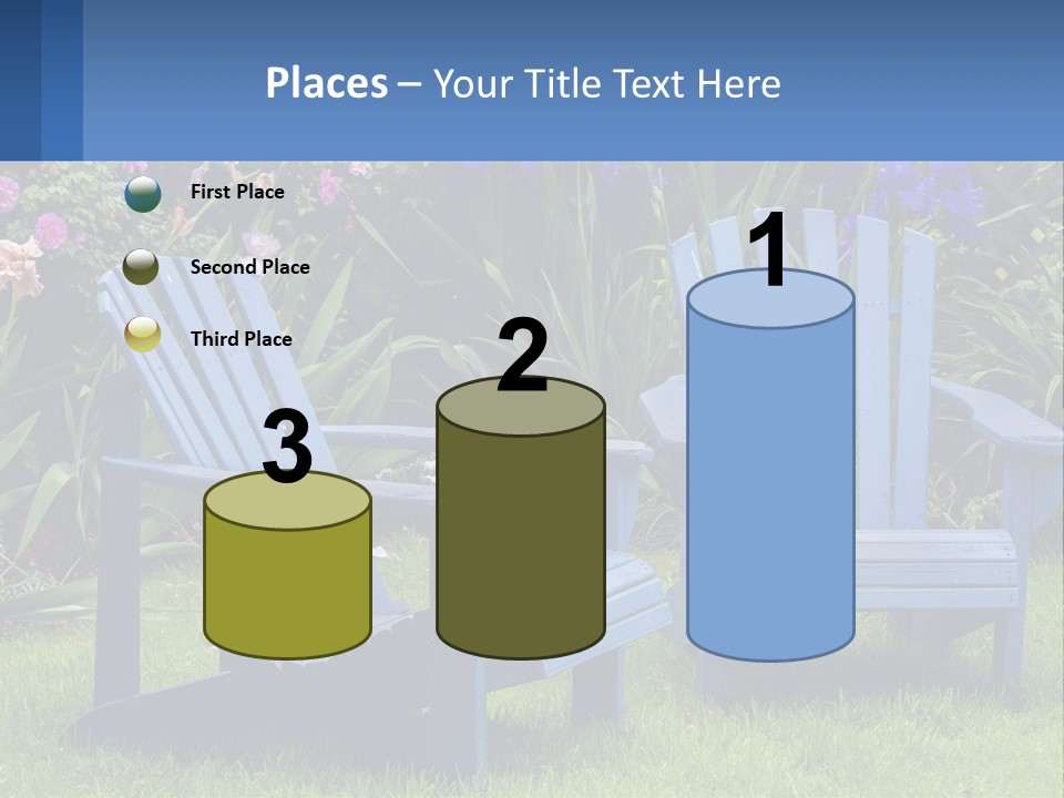 A Couple Of Blue Chairs Sitting In The Grass PowerPoint Template