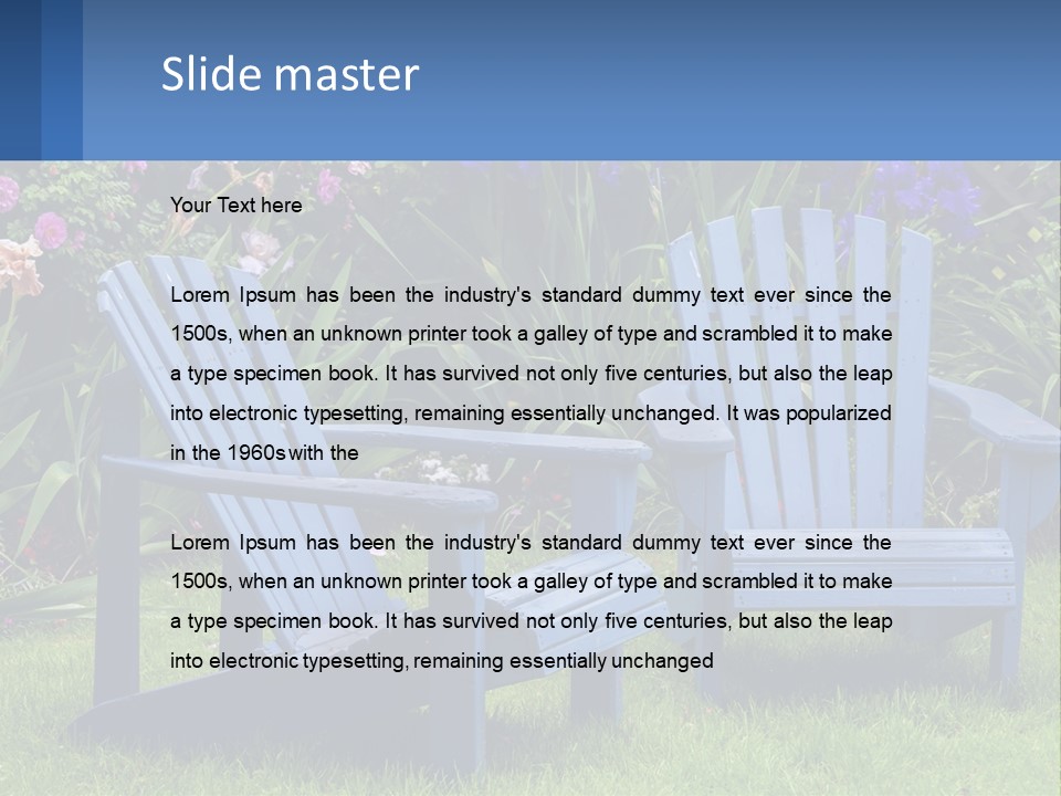 A Couple Of Blue Chairs Sitting In The Grass PowerPoint Template