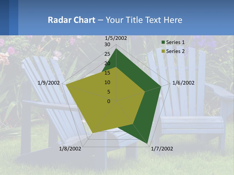 A Couple Of Blue Chairs Sitting In The Grass PowerPoint Template
