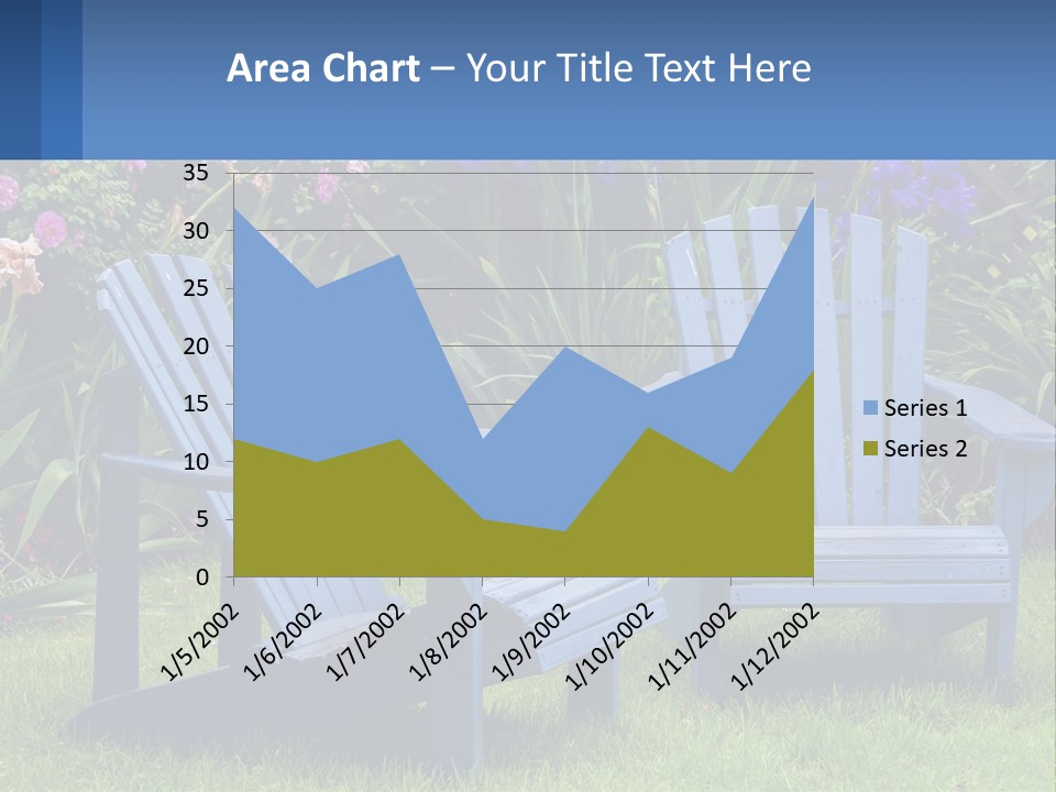 A Couple Of Blue Chairs Sitting In The Grass PowerPoint Template