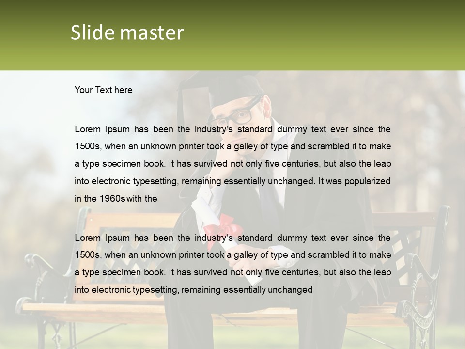 A Man In A Graduation Gown Sitting On A Bench PowerPoint Template