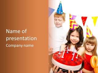 A Group Of Children Standing In Front Of A Birthday Cake PowerPoint Template