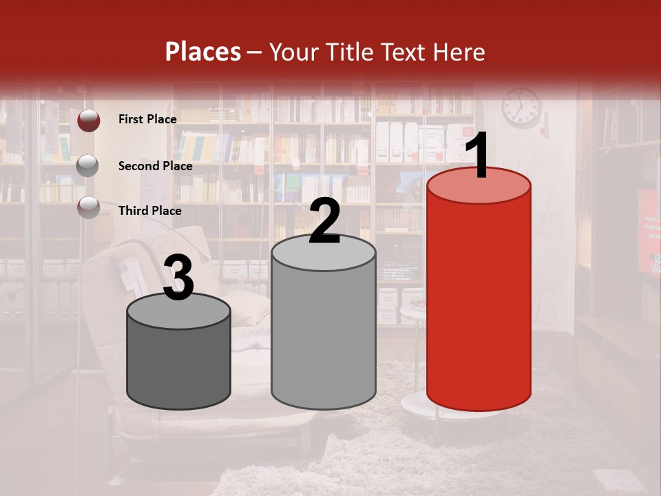 A Living Room With A Couch And Bookshelf PowerPoint Template