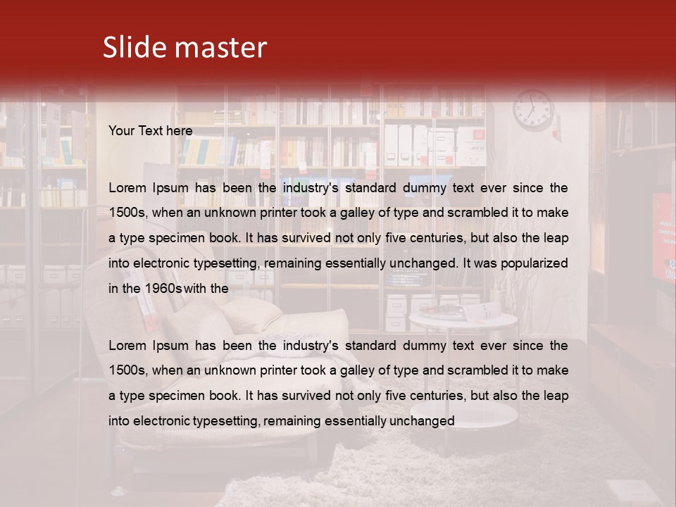 A Living Room With A Couch And Bookshelf PowerPoint Template