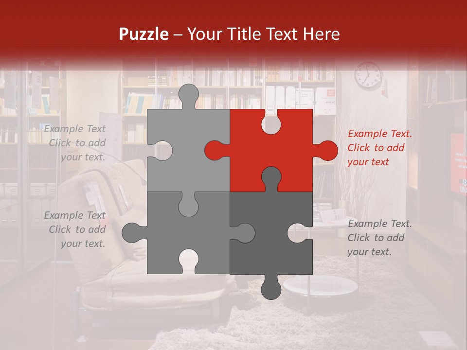 A Living Room With A Couch And Bookshelf PowerPoint Template