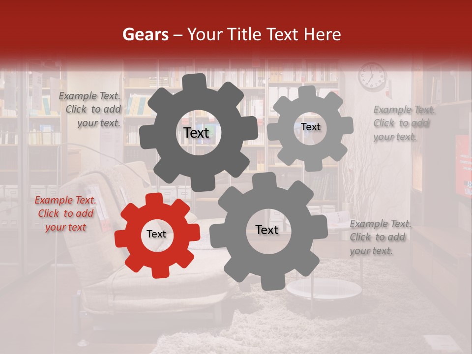 A Living Room With A Couch And Bookshelf PowerPoint Template