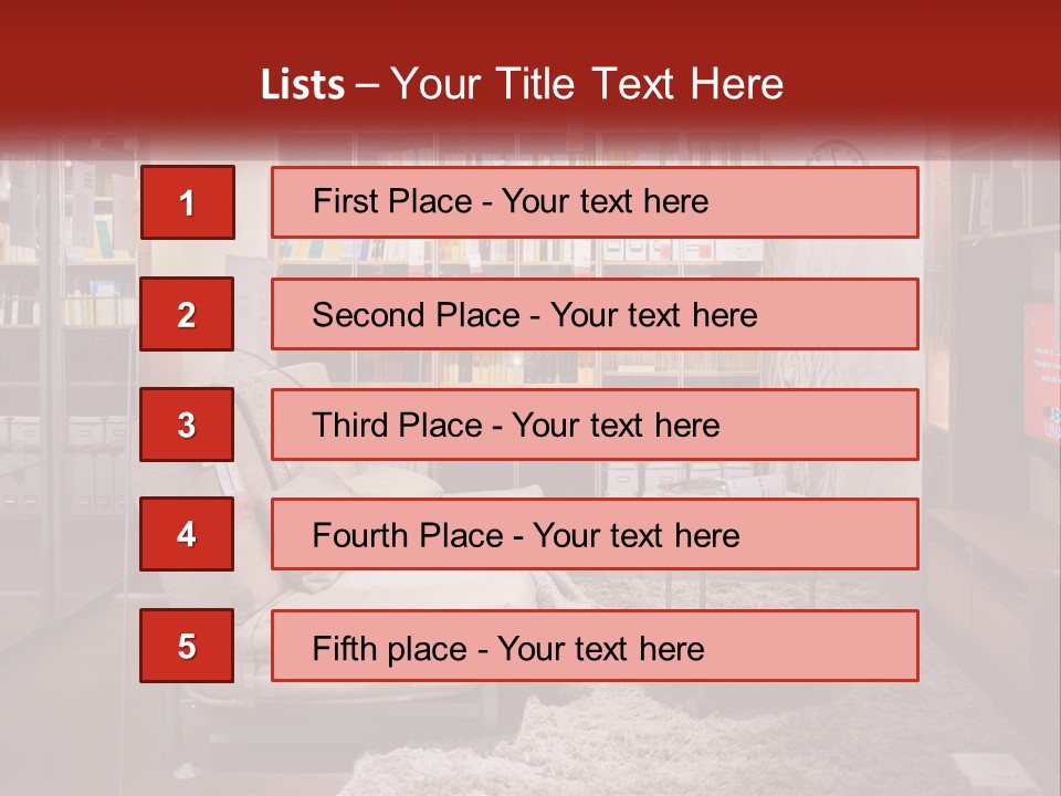 A Living Room With A Couch And Bookshelf PowerPoint Template