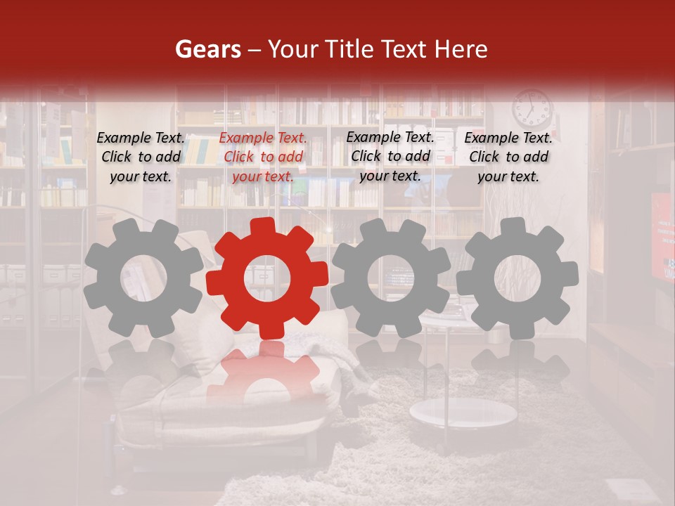 A Living Room With A Couch And Bookshelf PowerPoint Template