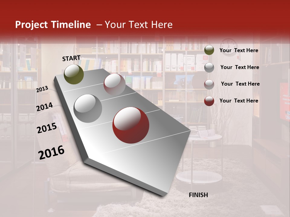A Living Room With A Couch And Bookshelf PowerPoint Template