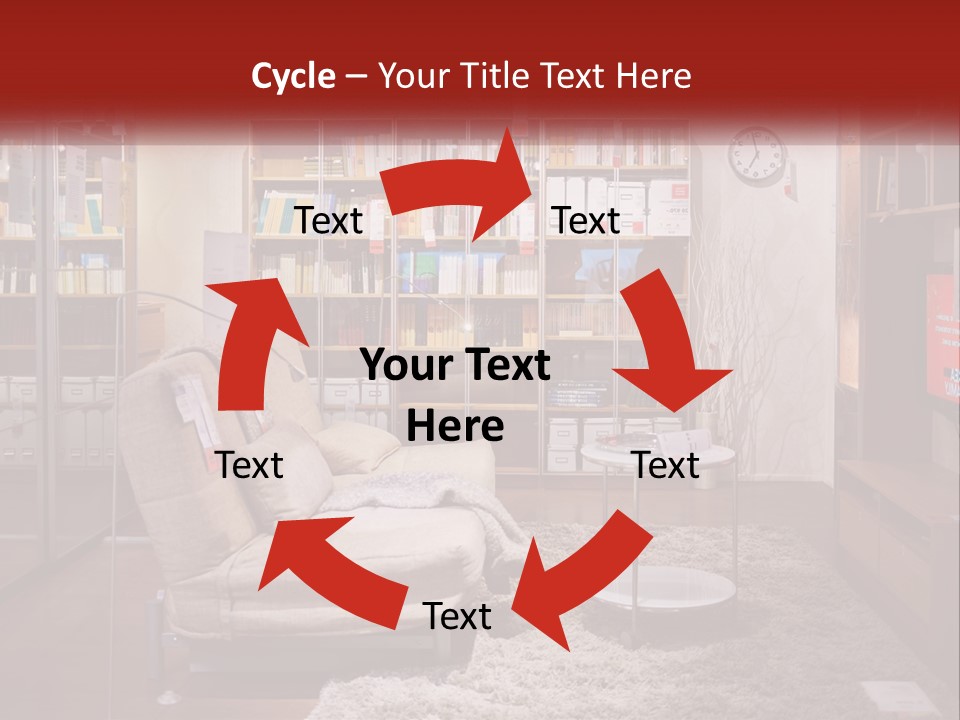 A Living Room With A Couch And Bookshelf PowerPoint Template