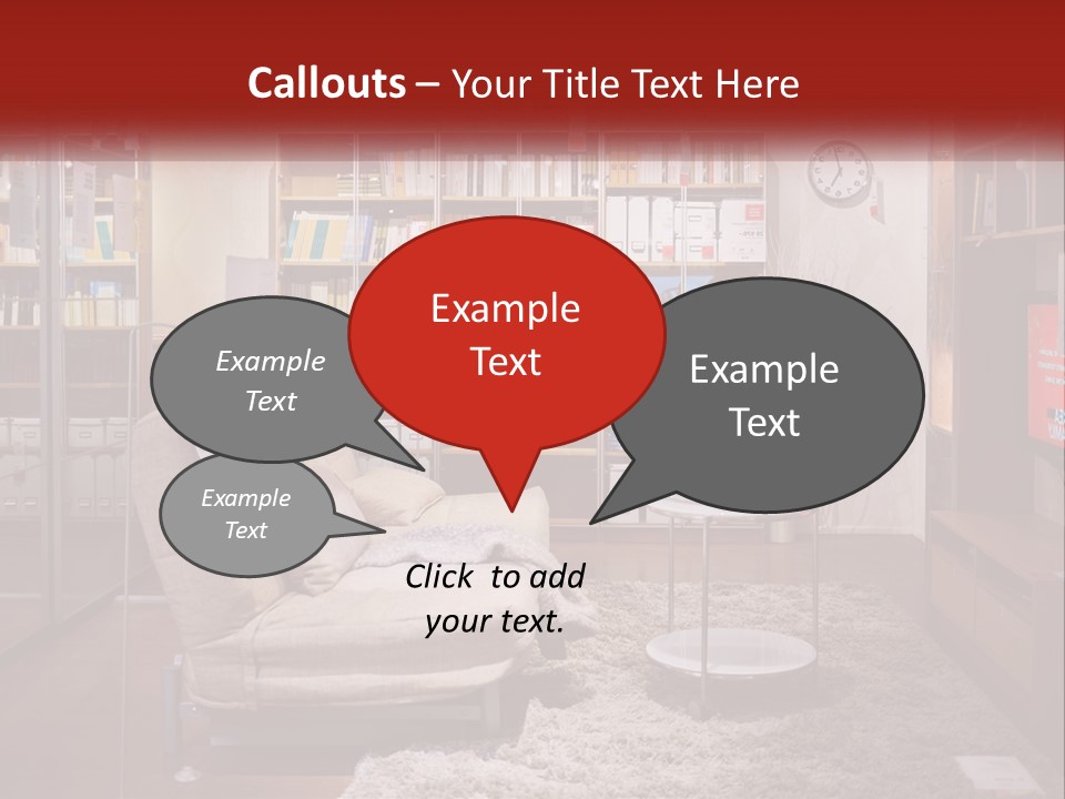 A Living Room With A Couch And Bookshelf PowerPoint Template