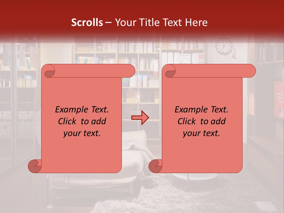 A Living Room With A Couch And Bookshelf PowerPoint Template