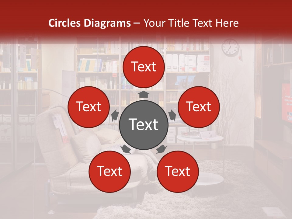 A Living Room With A Couch And Bookshelf PowerPoint Template