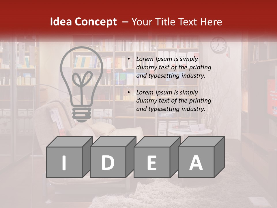 A Living Room With A Couch And Bookshelf PowerPoint Template