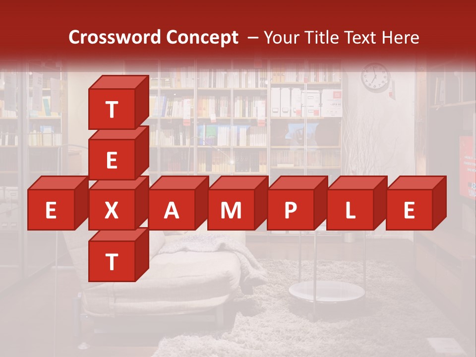 A Living Room With A Couch And Bookshelf PowerPoint Template