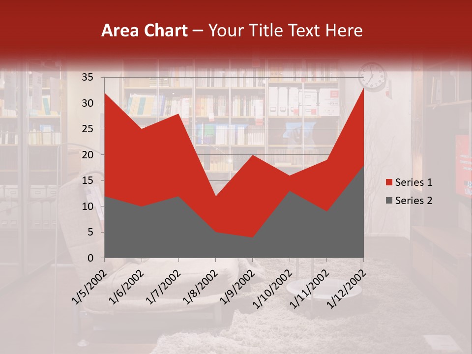 A Living Room With A Couch And Bookshelf PowerPoint Template