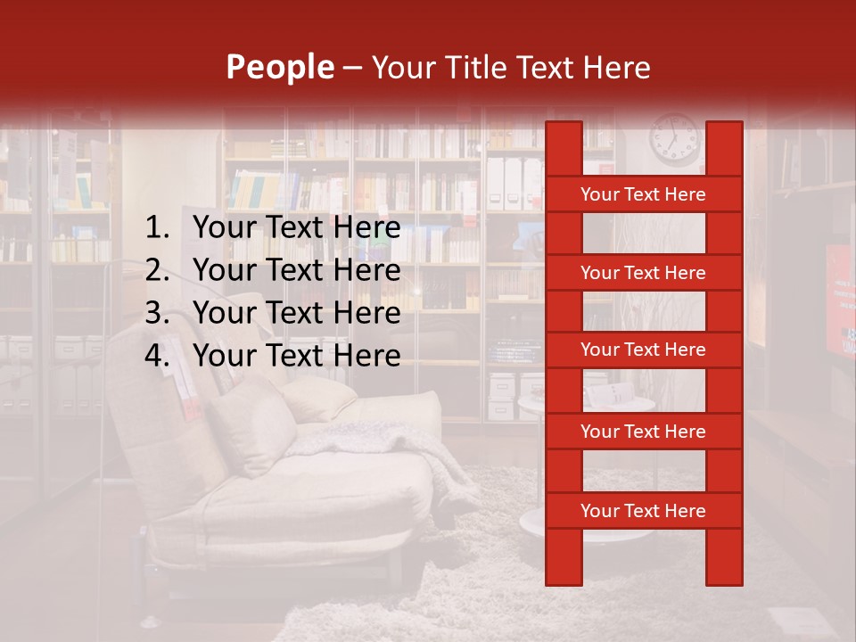 A Living Room With A Couch And Bookshelf PowerPoint Template