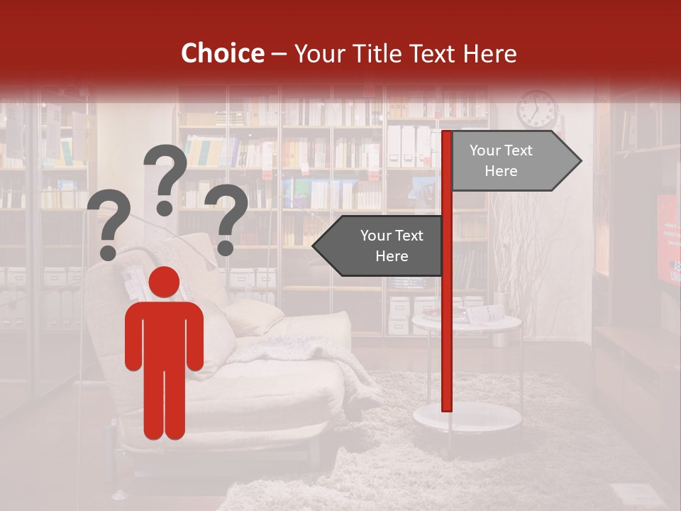 A Living Room With A Couch And Bookshelf PowerPoint Template