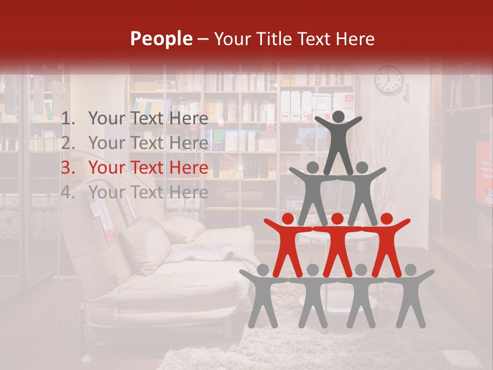 A Living Room With A Couch And Bookshelf PowerPoint Template