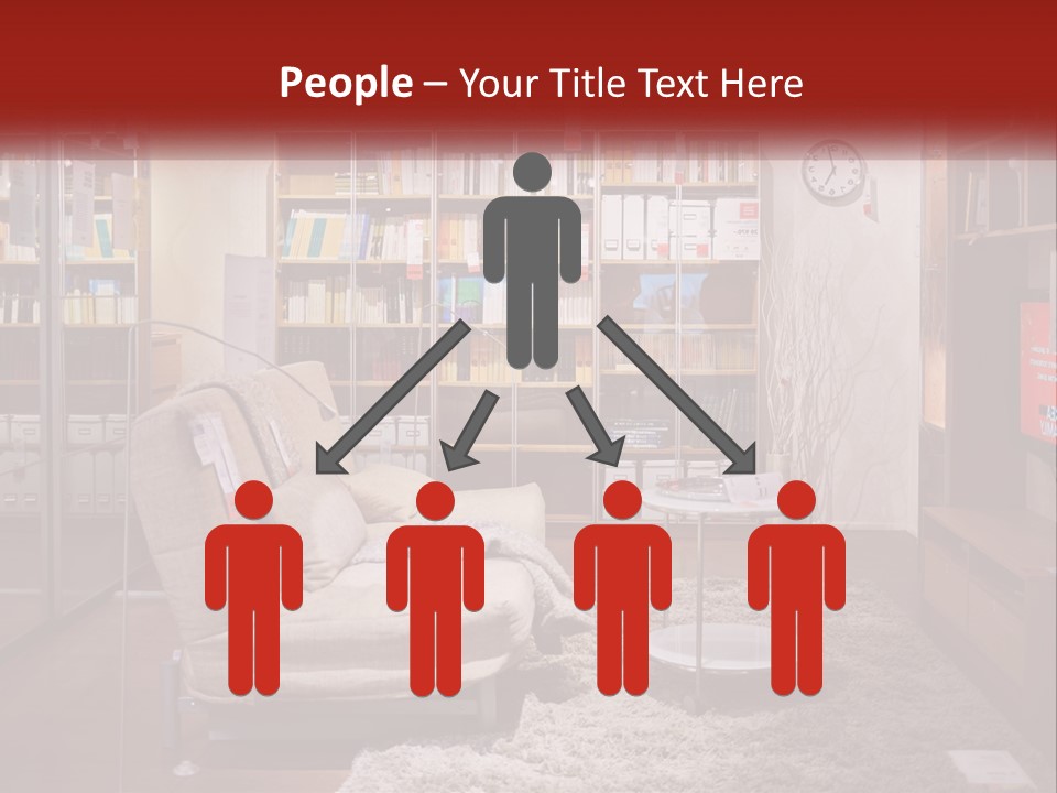 A Living Room With A Couch And Bookshelf PowerPoint Template